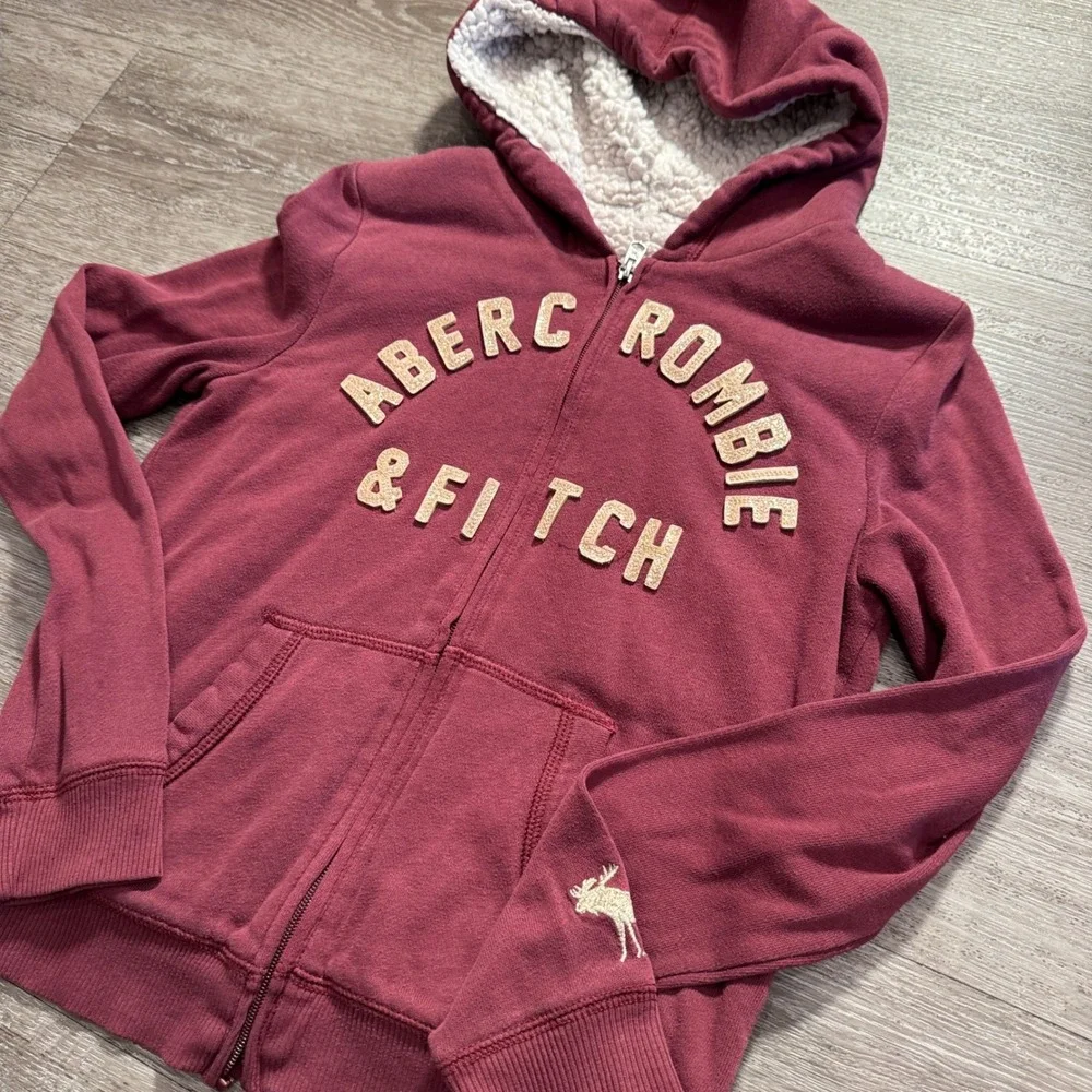 Abercrombie Hoodie Girls 11/12 Maroon Cotton Sherpa Lined Full Zip Logo Y2k VTG